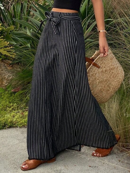 Dresses & Skirts - Black Casual Loose Cinched Women's striped  Denim maxi Skirt